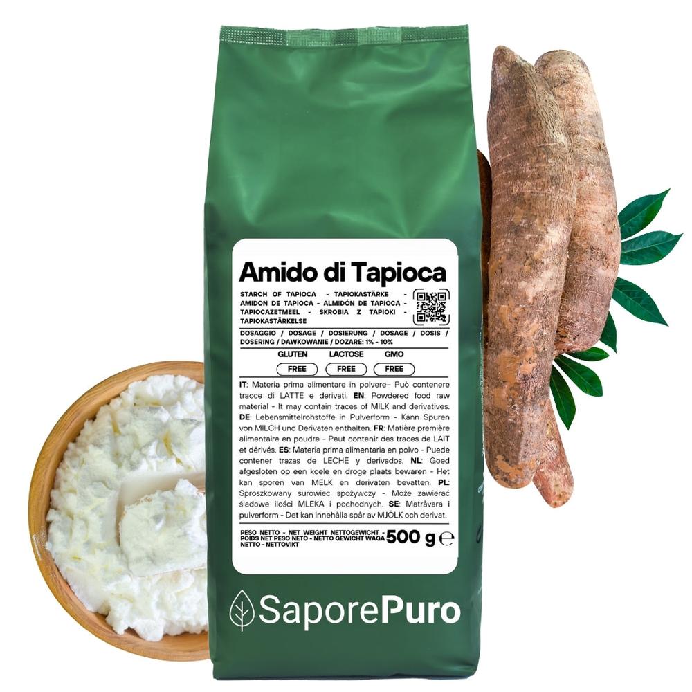 Bag of SaporePuro native tapioca starch, showing the product packaging, ideal for thickening and cooking in traditional recipes.
